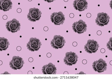 Patrón de rosa de mapa de bits de medio tono de Vector inconsútil de Antiguas sobre fondo rosa.