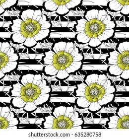 Vintage seamless vector pattern black and white violet flowers with gold petals on black and white horizontal stripes background. Monochrome grunge textile or paperhangings