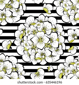 Vintage seamless vector pattern black and white sakura ball or lilac flowers with gold petals on black and white horizontal stripes background. Monochrome grunge textile or paperhangings