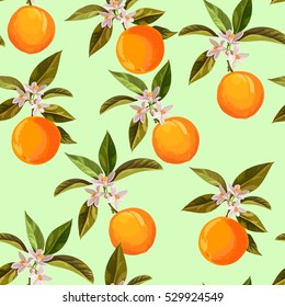 Vintage seamless vector pattern with citrus fruits. Hand drawn elements.Digital illustration with oranges for wallpaper, fabrics, cover, book and menu design.