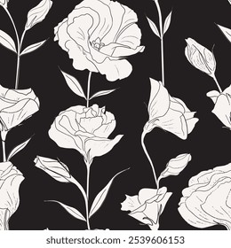 Vintage seamless vector pattern. Floral black and white background. Garden flowers roses and peonies