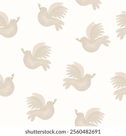 Vintage Seamless Vector Pattern with Flying Doves. Hand Drawn Wallpaper With Pigeons and Olive Twigs. Doves on a Light Ivory Background. Animal Symbol of Peace. Christian Symbol of Holy Spirit. RGB.