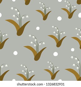 Vintage seamless vector pattern with lilies of the valley on gray background. In Scandinavian style. For textiles, wallpapers, designer paper, etc