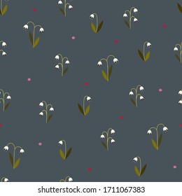 Vintage vectorial sin fisuras con lirios del valle y pequeños puntos de polka en el fondo azul oscuro. Al estilo escandinavo. Para textiles, papel pintado, papel de diseño, etc.