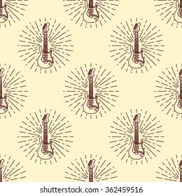 Vintage seamless vector pattern in retro style. Music background with electric guitar vector outline illustration. Design element for music store or studio packaging or t-shirt design.