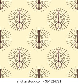 Vintage seamless vector pattern in retro style. Music background with banjo vector outline illustration. Design element for music store or studio packaging or t-shirt design.
