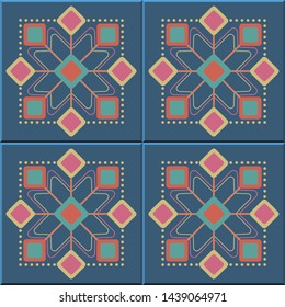 Vintage seamless wall tiles of blue cross geometry. Moroccan, Portuguese. Vintage tile patterns can be used for wallpaper, pattern fills, web page background, surface textures.