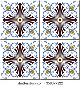 Vintage seamless wall tiles of blue spiral vine line, Moroccan, Portuguese.
Vintage tile patterns can be used for wallpaper, pattern fills, web page background, surface textures.

