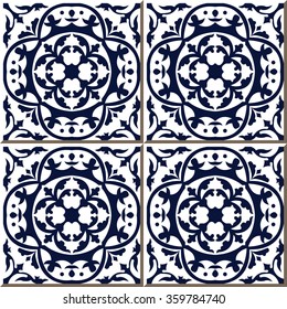Vintage seamless wall tiles of blue round curve vine, Moroccan, Portuguese.
Vintage tile patterns can be used for wallpaper, pattern fills, web page background, surface textures.
