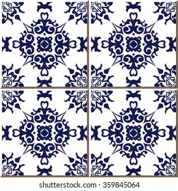 Vintage seamless wall tiles of blue spiral leaf cross flower, Moroccan, Portuguese. Vintage tile patterns can be used for wallpaper, pattern fills, web page background, surface textures. 