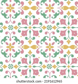 Vintage seamless wall tiles of flower leaf vine green with pink, Moroccan, Portuguese. Vintage tile patterns can be used for textile, wallpaper.