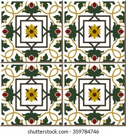 Vintage seamless wall tiles of green vine flower, Moroccan, Portuguese.
Vintage tile patterns can be used for wallpaper, pattern fills, web page background, surface textures.
