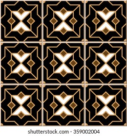 Vintage seamless wall tiles of Islam black golden cross star, Moroccan, Portuguese. Vintage tile patterns can be used for wallpaper, pattern fills, web page background, surface textures.