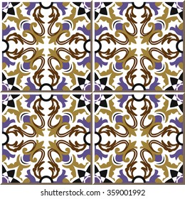 Vintage seamless wall tiles of spiral purple brown flower, Moroccan, Portuguese. Vintage tile patterns can be used for wallpaper, pattern fills, web page background, surface textures.