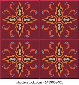 Vintage seamless wall tiles of vermilion flower kaleidoscope. Moroccan, Portuguese. Vintage tile patterns can be used for wallpaper, pattern fills, web page background, surface textures.