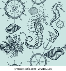 Vintage seamless wallpaper pattern with sea animals