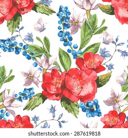 Vintage Seamless Watercolor Background with Blooming Red Roses and and Blueberries, Vector Illustration