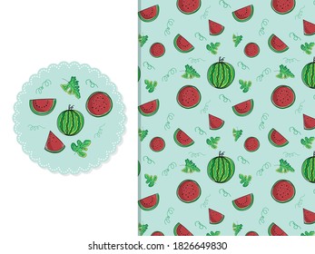 Vintage seamless watermelon pattern, whole melon, watermelon slices