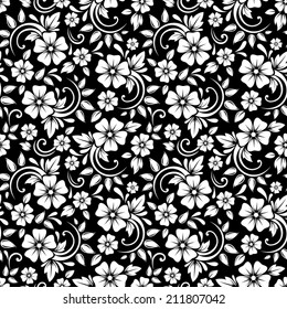 Vintage Seamless White Floral Pattern On A Black Background. Vector Illustration.