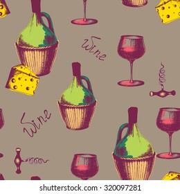 Vintage seamless wine pattern with wine bottle, wine glass, grape, cheese, corkscrew, hand drawn vector illustration