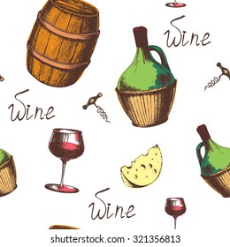 Vintage seamless wine pattern, hand drawn vector illustration