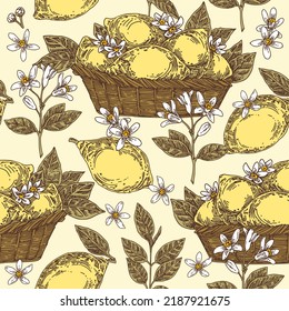 Patrón amarillo inmaculado con limón floreciente. Color. Estilo de grabado. Ilustración vectorial.