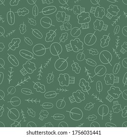 Vintage seampless pattern with linear trees. Retro forest silhouette line art isolated on green background. Stock vector