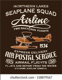 Vintage seaplane airmail service - Vector artwork in custom colors, grunge effect in separate layer