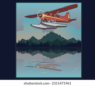 vintage seaplane on mountain lake vector illustration, mountain lake adventure artwork, colorado mountain lake tour, outdoor adventure print design  