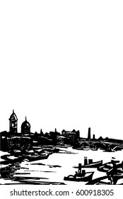 Vintage seaport, hand drawn vector illustration