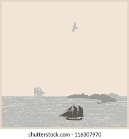 Vintage seascape with ships, mountain, bird. Vector illustration.