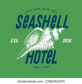 Vintage seashell beach hotel typography t-shirt design with engraved shell illustration in blue and white on green background vector.