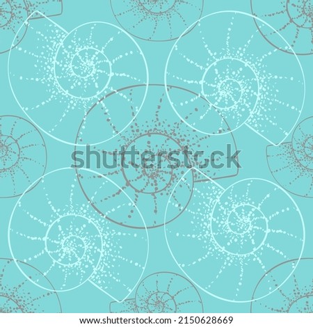 Vintage seashell seamless pattern on mint color background. Spiral nautilus shells, hand drawing outline design with dots texture. Marine turquoise vector print for fabric, wrapping paper, wallpaper.