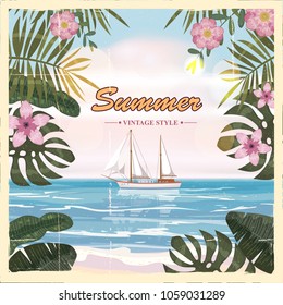 Vintage seaside summer view poster. Seascape, ship, flowers. Vector background, illustrations