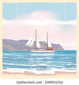 Vintage seaside summer view poster. Seascape, ship, flowers. Vector background, illustrations
