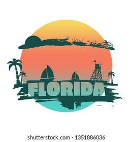 Vintage seaside view poster. Palm and safeguard tower on the beach. Yacht in the ocean. Silhouettes on grunge brush stroke. Florida state name