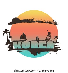 Vintage seaside view poster. Palm and safeguard tower on the beach. Yacht in the ocean. Silhouettes on grunge brush stroke. Korea country name