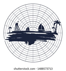 Vintage seaside view poster. Palm and safeguard tower on the beach. Yacht in the ocean. Silhouettes on grunge brush stroke. Radar display.
