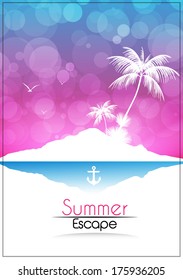 Vintage Seaside View Poster with Tropical Island and Palm Trees  - Vector Illustration