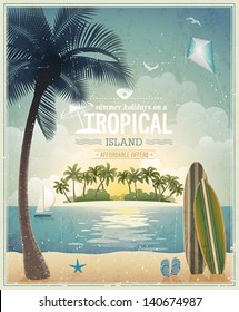 Vintage seaside view poster. Vector background.