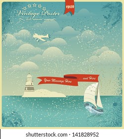 Vintage seaside view poster. Vector background.