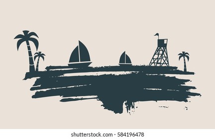 Vintage seaside view poster. Vector background. Palm and safeguard tower on the beach. Yacht in the ocean. Silhouettes on grunge brush stroke
