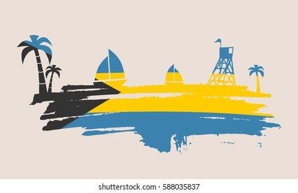 Vintage seaside view poster. Vector background. Palm and safeguard tower on the beach. Yacht in the ocean. Silhouettes on grunge brush stroke. Flag of Bahamas