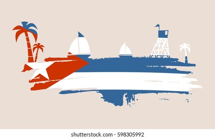 Vintage seaside view poster. Vector background. Palm and safeguard tower on the beach. Yacht in the ocean. Silhouettes on grunge brush stroke. Flag of Cuba