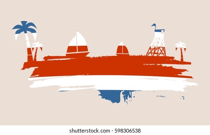 Vintage seaside view poster. Vector background. Palm and safeguard tower on the beach. Yacht in the ocean. Silhouettes on grunge brush stroke. Flag of Costa Rica