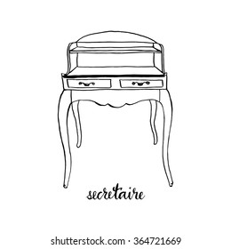 Vintage secretaire/ bureau/ writing desk/ Vintage furniture/ Interior design elements/ Hand drawn ink sketch illustration isolated on white background