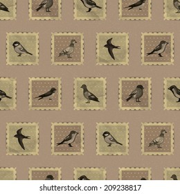 Vintage sepia seamless pattern with cute bird stamps. Vector seamless texture for wallpapers, pattern fills, web page backgrounds