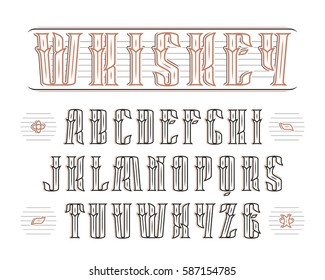 Vintage serif font with decoration. Design for labels of alcoholic drinks - whiskey, absinthe, gin, rum, bourbon, scotch, craft beer