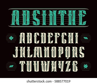 Fuente serif vintage con decoración. Diseño de etiquetas de bebidas alcohólicas - absinthe, whisky, gin, ron, bourbon, whisky, cerveza artesanal