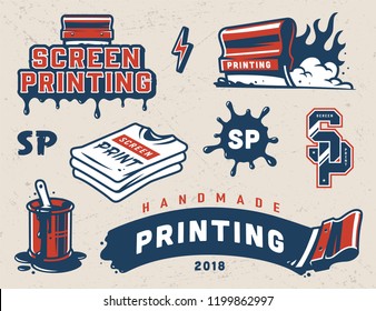 Vintage serigraphy colorful elements collection with industrial squeegees paint splashes shirts letterings isolated vector illustration